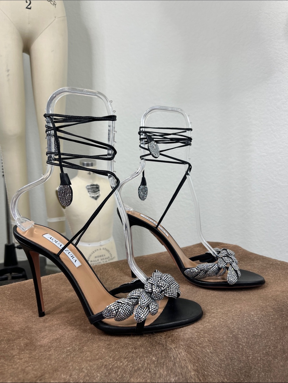 Aquazzura Galactic Flower 105 Leather Crystal Rhinestone Wrap Tie Sandals - Picture 2 of 14